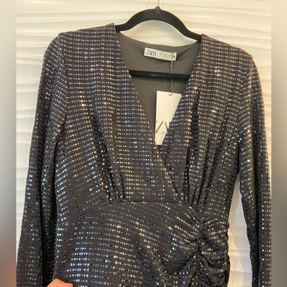NWT Zara Black Sparkly Ruched Festive Party Dress - Picture 16 of 17